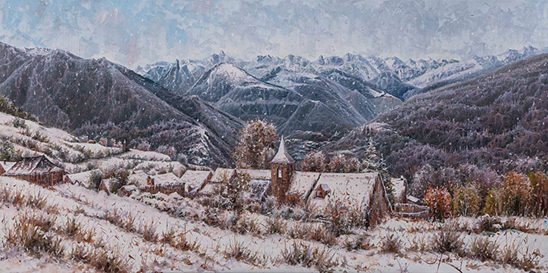 PRIMERA NEVADA DE NOVEMBRE A MONTCORBAU. VALL D’ARAN. OLI SOBRE LLENÇ. 50 X 100 cm.