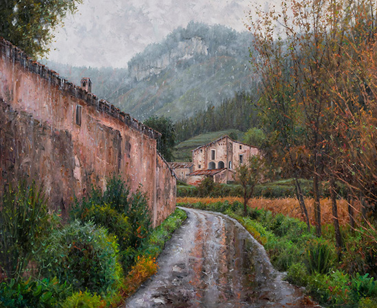 MASIES D’HOSTALETS D’EN BAS, ENTRE PLUGES DE TARDOR. OLI SOBRE LLENÇ. 50 X 61 cm.
