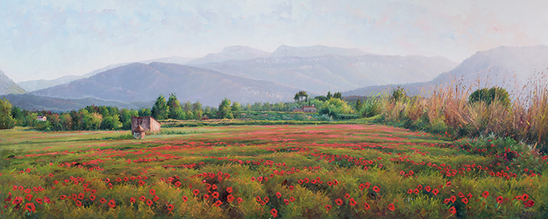 LES ROSELLES REPOSEN EN UNA TARDA DE MAIG. OLI SOBRE LLENÇ. 150 X 60 cm.
