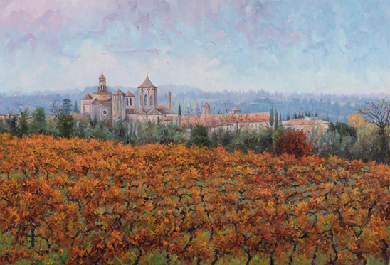 EL MONESTIR DE POBLET LLUINT LA TARDOR. OLI SOBRE LLENÇ. 73 X 50 cm.