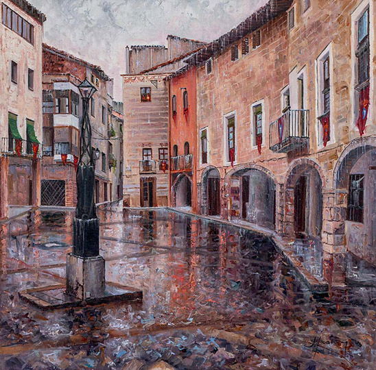 LA PLAÇA REPOSA DESPRÉS LA FESTA MAJOR. ALCOVER. OLI SOBRE LLENÇ. 50 X 50 cm.
