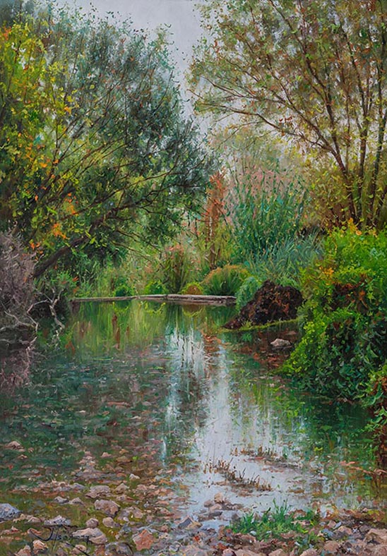TURQUESES I VERDS TENDRES D’OCTUBRE AL GLORIETA. OLI SOBRE LLENÇ. 65 X 46 cm.