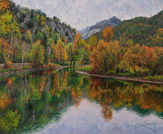 LA CALMA D’UN DIA DE OCTUBRE A LA GUINGUETA. OLI SOBRE LLENÇ. 65 X 54 cm.
