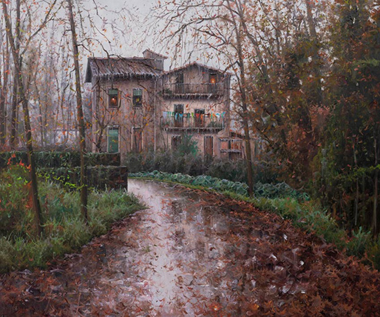 ENTRE GRISOS I VERDS AMB PLUJA D’OCTUBRE. OLI SOBRE LLENÇ. 54 X 65 cm.