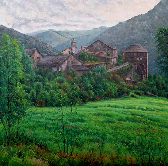 TEULADES DE SURRI ENTRE VERDS TENDRES DE MAIG. OLI SOBRE LLENÇ. 100 X 100 cm.