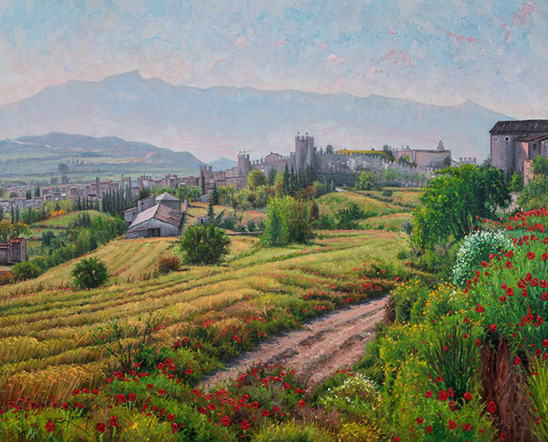 MONTBLANC AMB ELS SEUS VERDS D'ABRIL, ESPERANT SANT JORDI. OLI SOBRE LLENÇ. 92 X 73 cm.