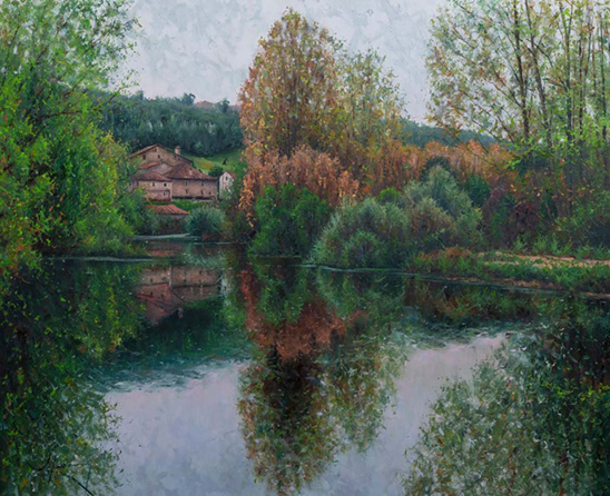 CALMA ENTREVERDES DE MAYO EN EL RÍO DUERO. ÓLEO SOBRE LIENZO. 65 X 81 cm.