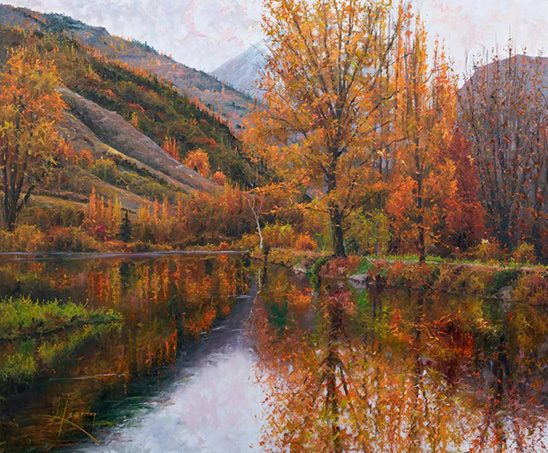 LA TARDOR BALLA AL PANTÀ DE LA TORRASSA. PIRINEU. OLI SOBRE LLENÇ. 65 X 54 cm.