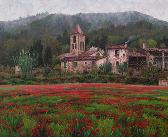 SANT PRIVAT D'EN BAS REPOSA ENTRE ROSELLES. OLI SOBRE LLENÇ. 60 X 51 cm.