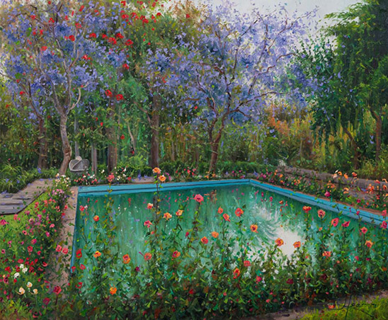 ROSAS Y JACARANDAS DE MAYO EN EL PARQUE GARCÍA SANABRIA. ÓLEO SOBRE LIENZO. 55 X 46 cm.