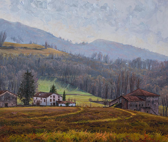 LLUMS MATINALS DE FEBRER AL VALLE DEL BAZTÁN. OLI SOBRE LLENÇ. 55 X 46 cm.