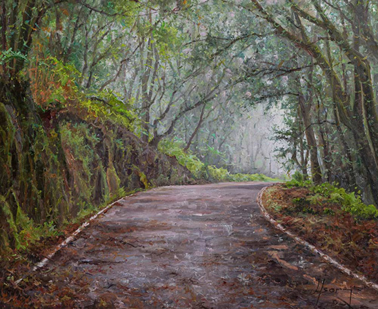  HUMEDALES DE VERDES TIERNOS EN EL MONTE DE LAS MERCEDES. OLI SOBRE LLENÇ. 46 X 38 cm.