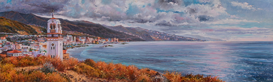 CANDELARIA ENTRE SOL Y NUBES DE MAYO. OLI SOBRE LLENÇ. 30 X 100 cm.