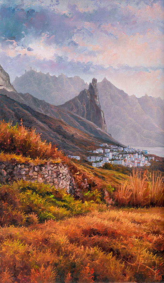 EL SOL SE DESPIDE EN BENIJO. TENERIFE. OLI SOBRE LLENÇ. 46 X 27 cm.