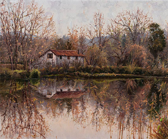 REFLEXES MATINALS DE FEBRER AL RIU NIVE. OLI SOBRE LLENÇ. 46 X 33 cm.