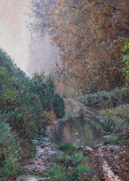 UN MATÍ DE NOVEMBRE PASSEJANT PER RIALB. OLI SOBRE LLENÇ. 46 X 33 cm.