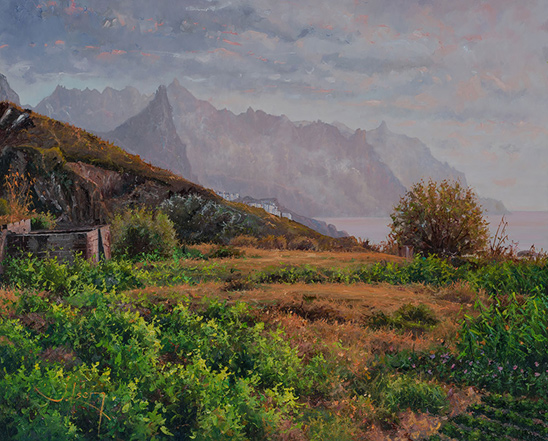 DAURATS DE TARDA ACARONEN ELS ROCS. OLI SOBRE LLENÇ. 50 X 61 cm.