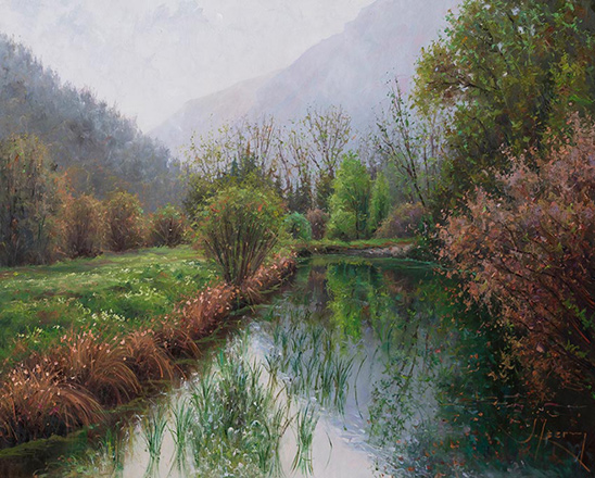 AIGÜES ENTRE PLATES I VERDS. PANTÀ CARDET. OLI SOBRE LLENÇ. 50 X 61 cm.